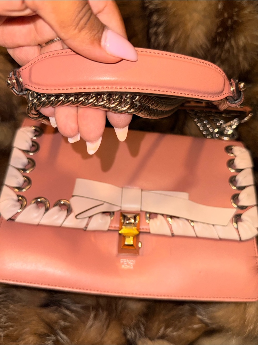 Fendi Pink Leather Shoulder Bag with Cream Bow and Silver Chain …